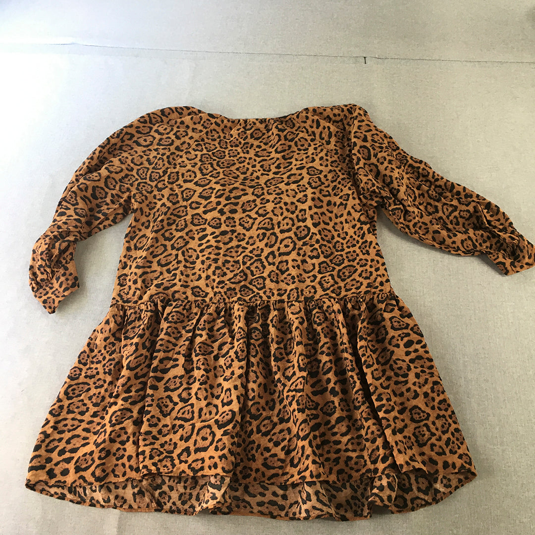 H&M Womens Mini Dress Size S Brown Cheetah Print Flare Pleated V-Neck