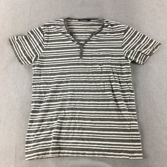 French Connection Womens Shirt Size XL Grey White Striped Henley Button