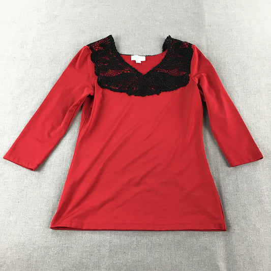 Queenspark Womens Top Size 6 Red Black Floral Lace Long Sleeve Blouse