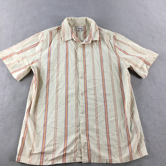 Afends Mens Shirt Size M Beige Purple Orange Striped Button-Up Short Sleeve