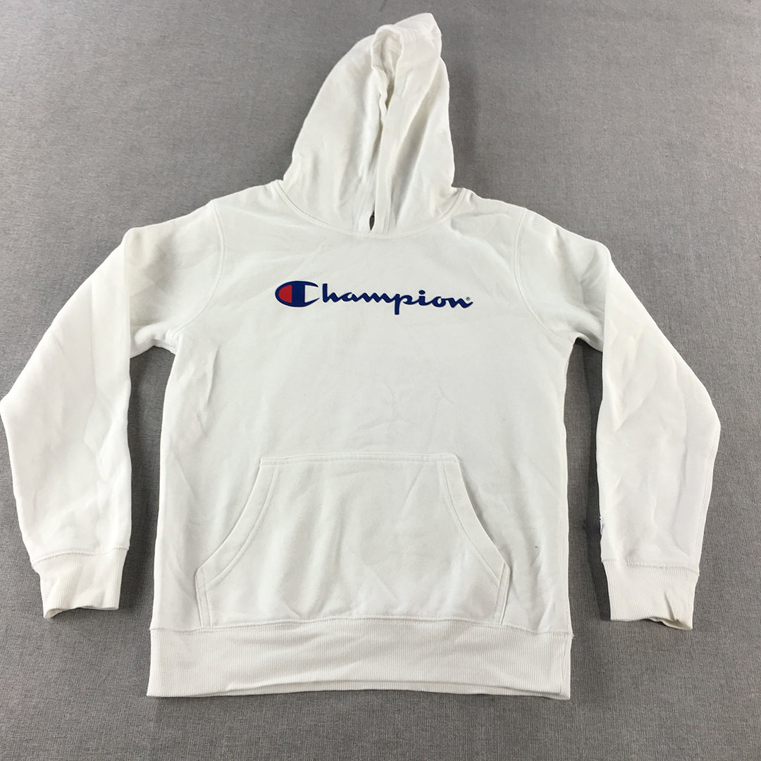 Champion Kids Boys Hoodie Sweater Size 12 White Logo Pullover Jumper Pockets