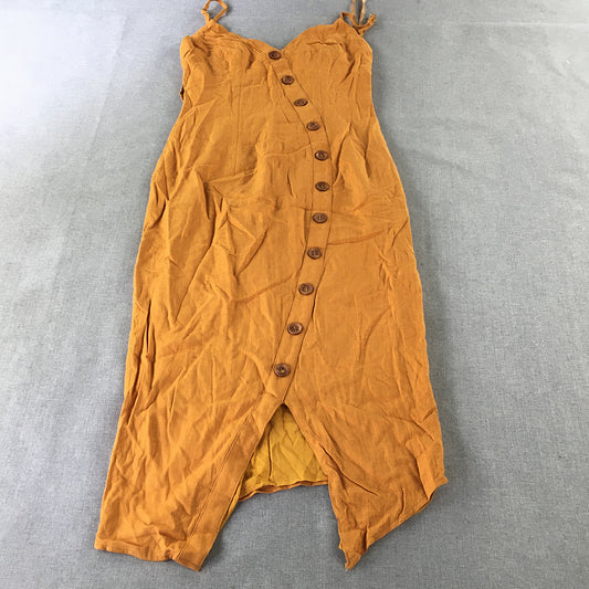 Here Comes The Sun Womens Linen Dress Size 8 Orange Sleeveless Button Mini