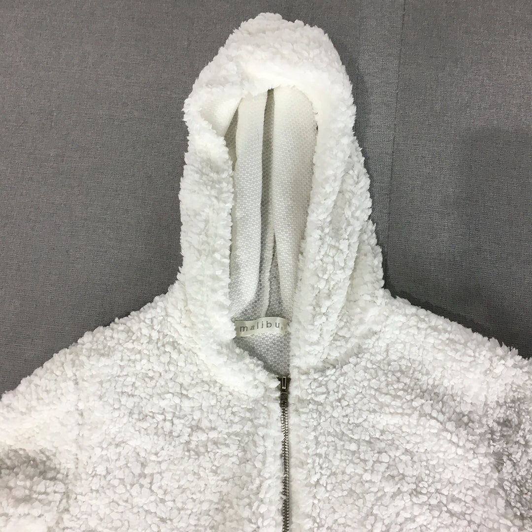 Malibu Womens Fleece Jacket Size 8 White Hooded Zip-Up Coat