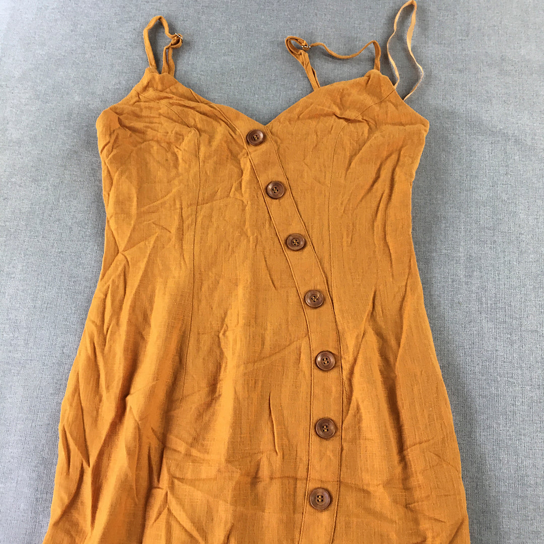 Here Comes The Sun Womens Linen Dress Size 8 Orange Sleeveless Button Mini