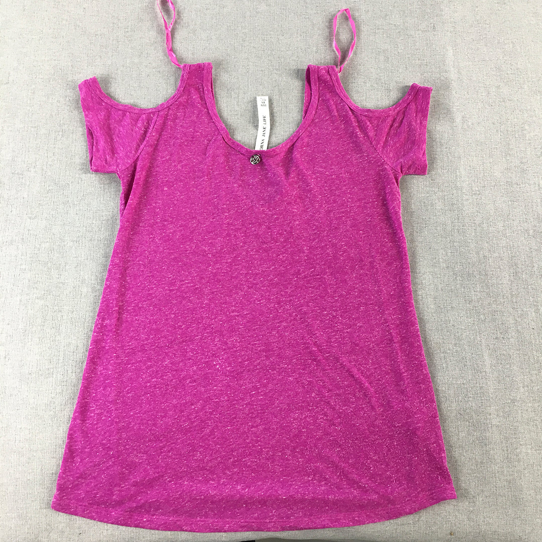 Lorna Jane Womens Shirt Size XS Purple Cold Shoulder Short Sleeve Top