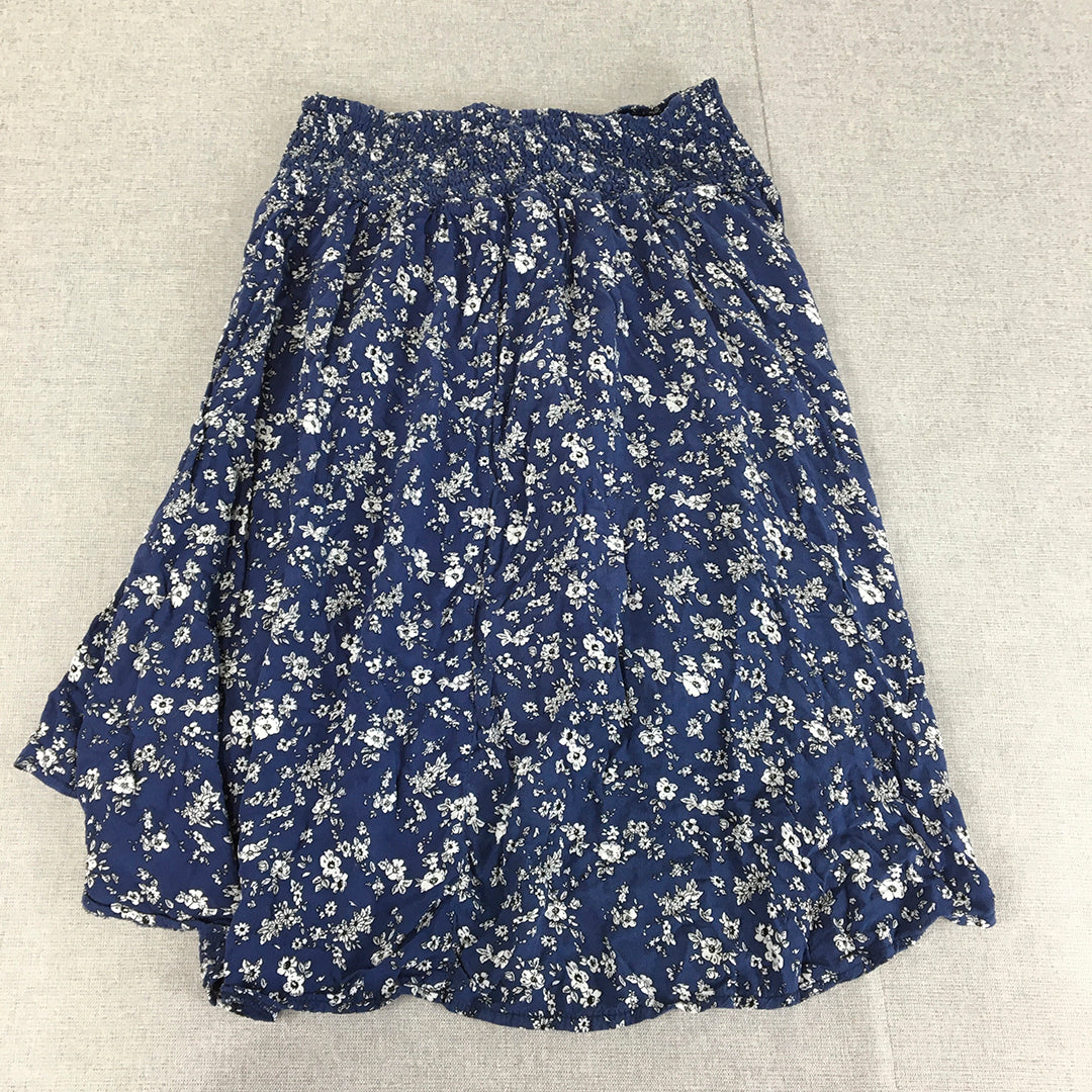 Valleygirl Womens A-Line Skirt Size S Blue Floral Elastic Waist Midi