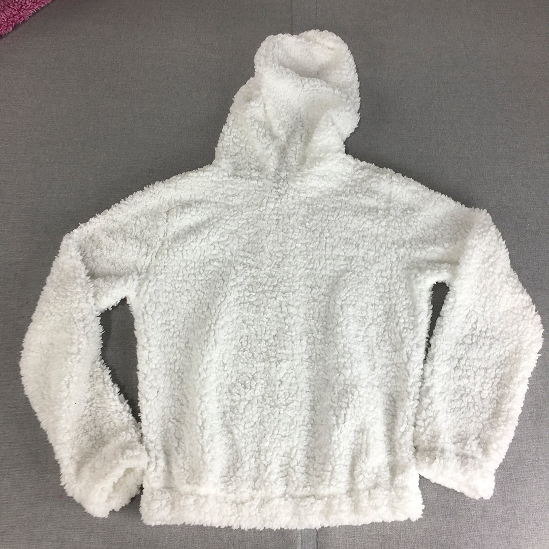 Malibu Womens Fleece Jacket Size 8 White Hooded Zip-Up Coat