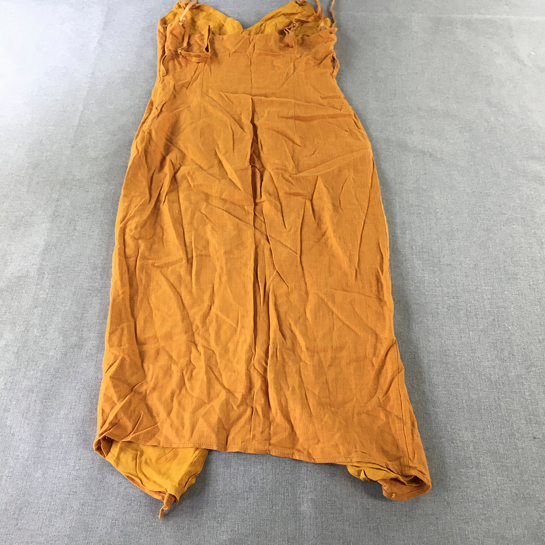 Here Comes The Sun Womens Linen Dress Size 8 Orange Sleeveless Button Mini