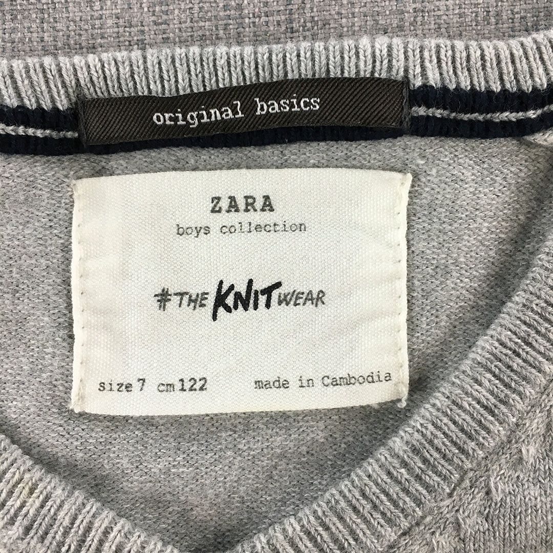 Zara Kids Knit Sweater Size 7 Grey V-Neck Pullover Jumper