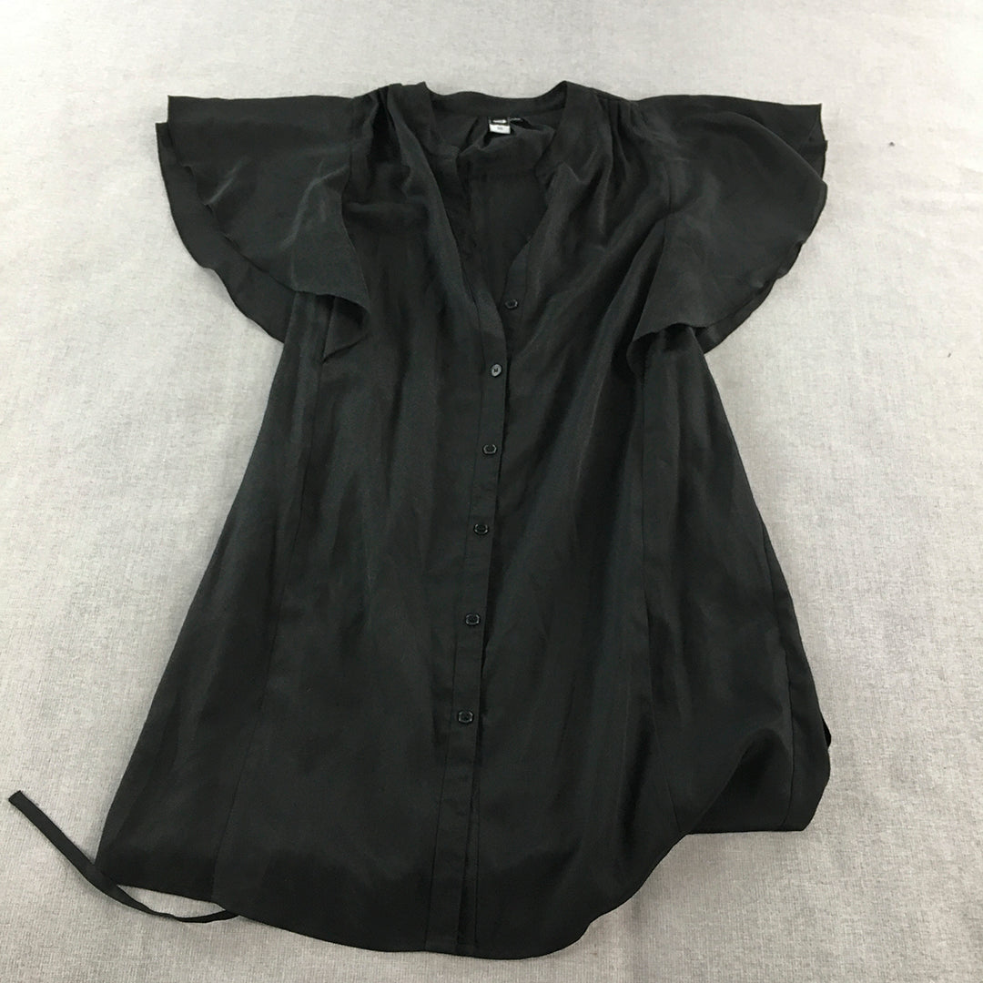 G Womens Shirt Dress Size 10 Black Button Up Short Sleeve Mini Belted