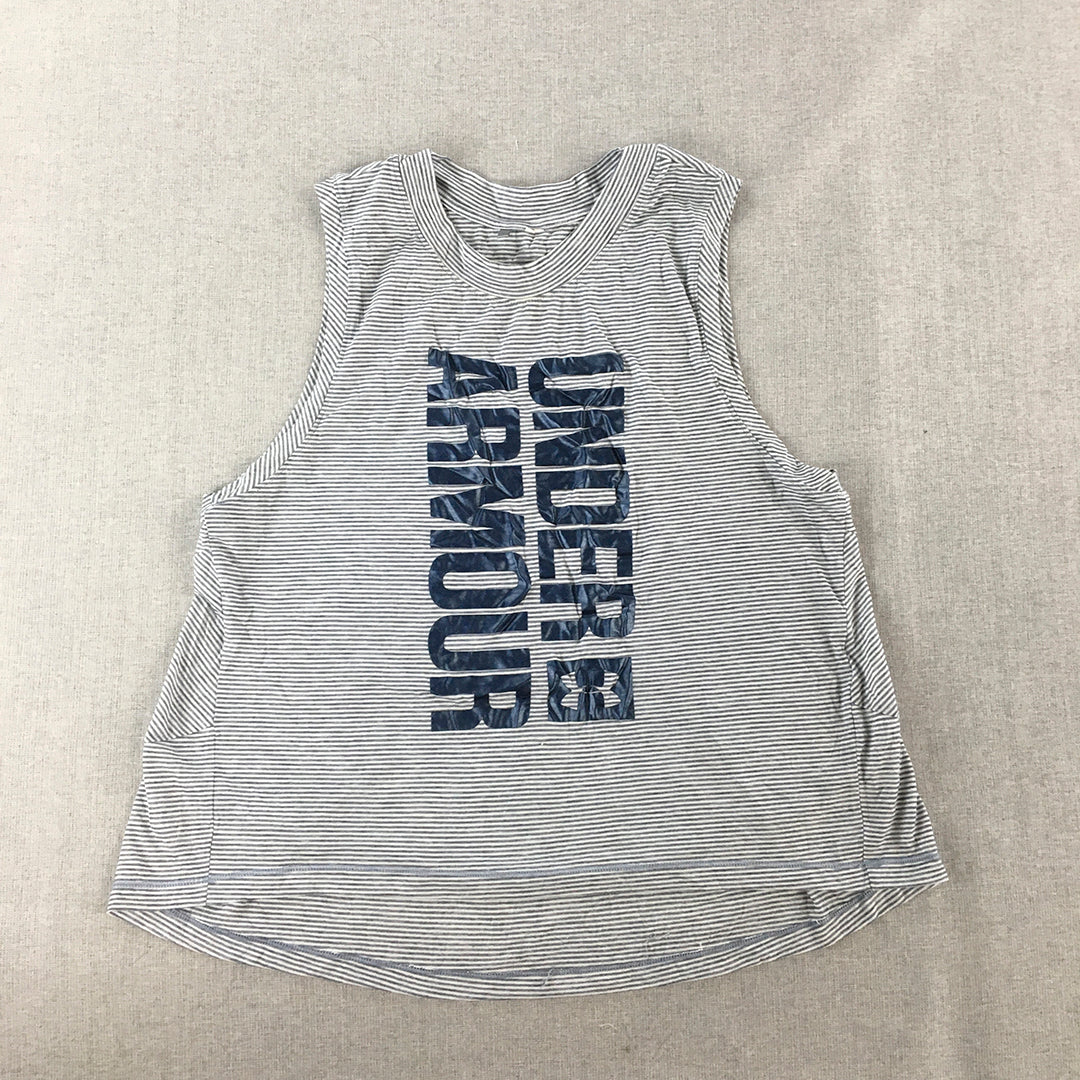 Under Armour Womens Tank Top Size M Blue Striped Logo Sleeveless Shirt