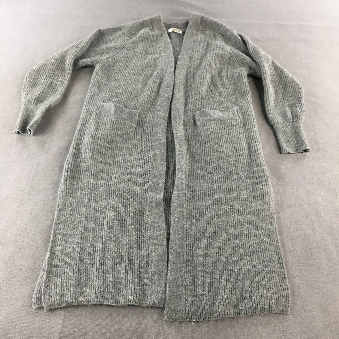 HQ Womens Wool Cardigan Size L Grey Pockets Long Open Front Robe Gown