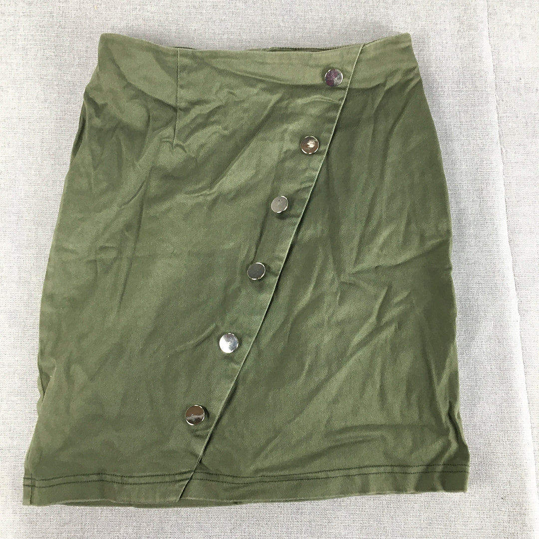 Atmos & Here Womens Mini Skirt Size 8 Kahki Green Button Accents