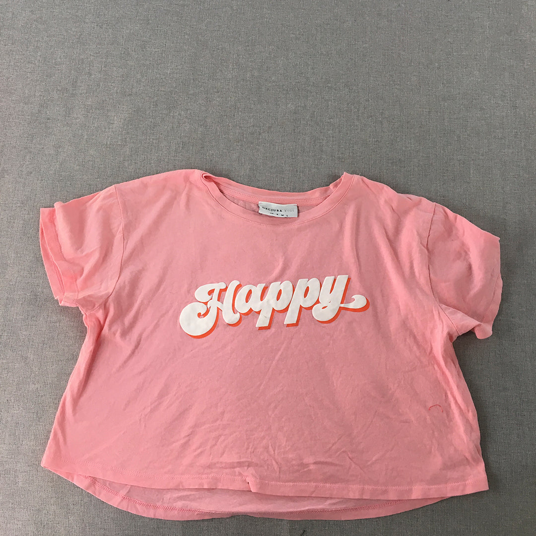 Decjuba Kids Girls T-Shirt Size L Pink Happy Short Sleeve Crew Neck Top