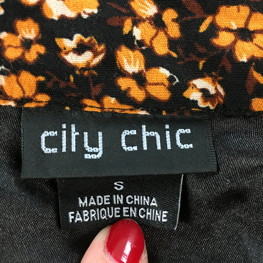 City Chic Womens A-Line Skirt Size S Black Orange Floral Pleated