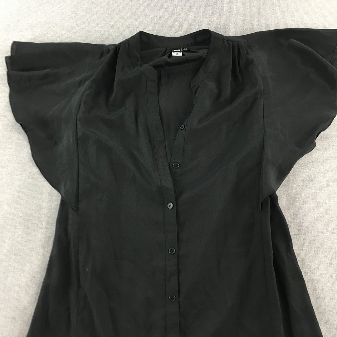 G Womens Shirt Dress Size 10 Black Button Up Short Sleeve Mini Belted