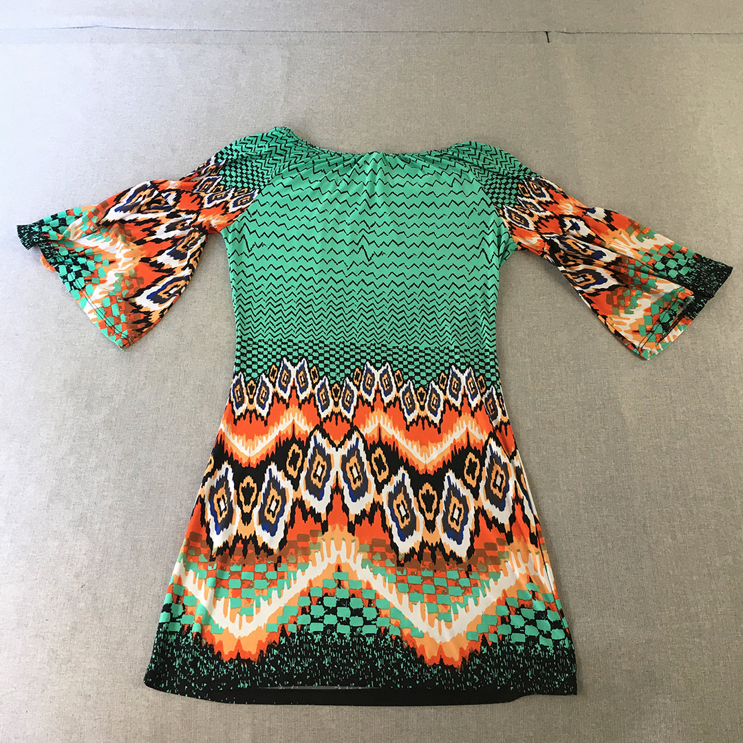 Voxx New York Womens Mini Dress Size S Green Orange Aztec Stretch Made In USA