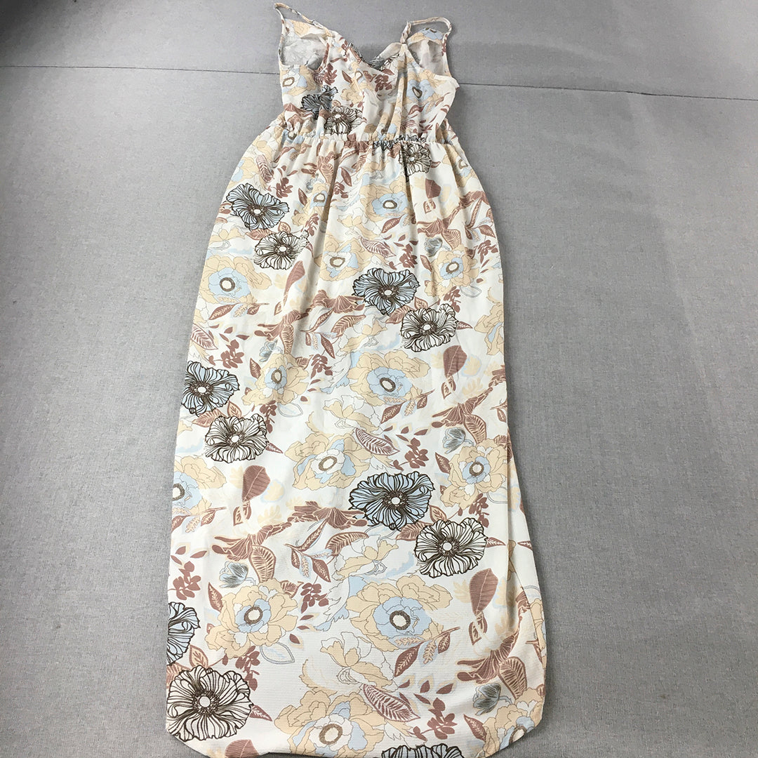 Into Womens Wrap Dress Size 10 White Brown Floral Sleeveless Midi