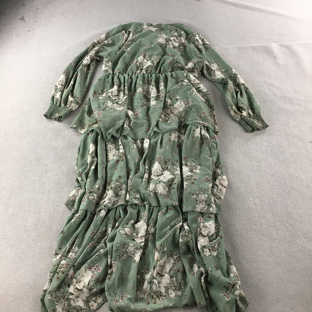 Lorraine Womens Tiered Dress Size 16 Green Floral Maxi Long Sleeve