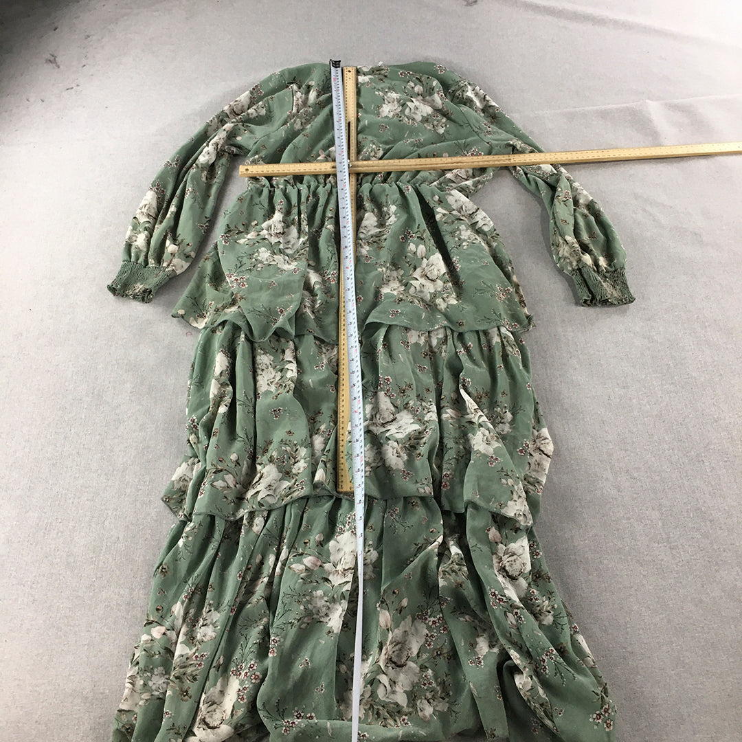 Lorraine Womens Tiered Dress Size 16 Green Floral Maxi Long Sleeve