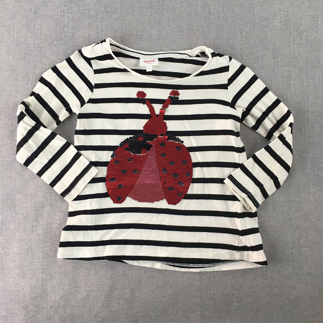 Seed Heritage Kids Girls Top Size 5 White Striped Sequin Ladybug Long Sleeve