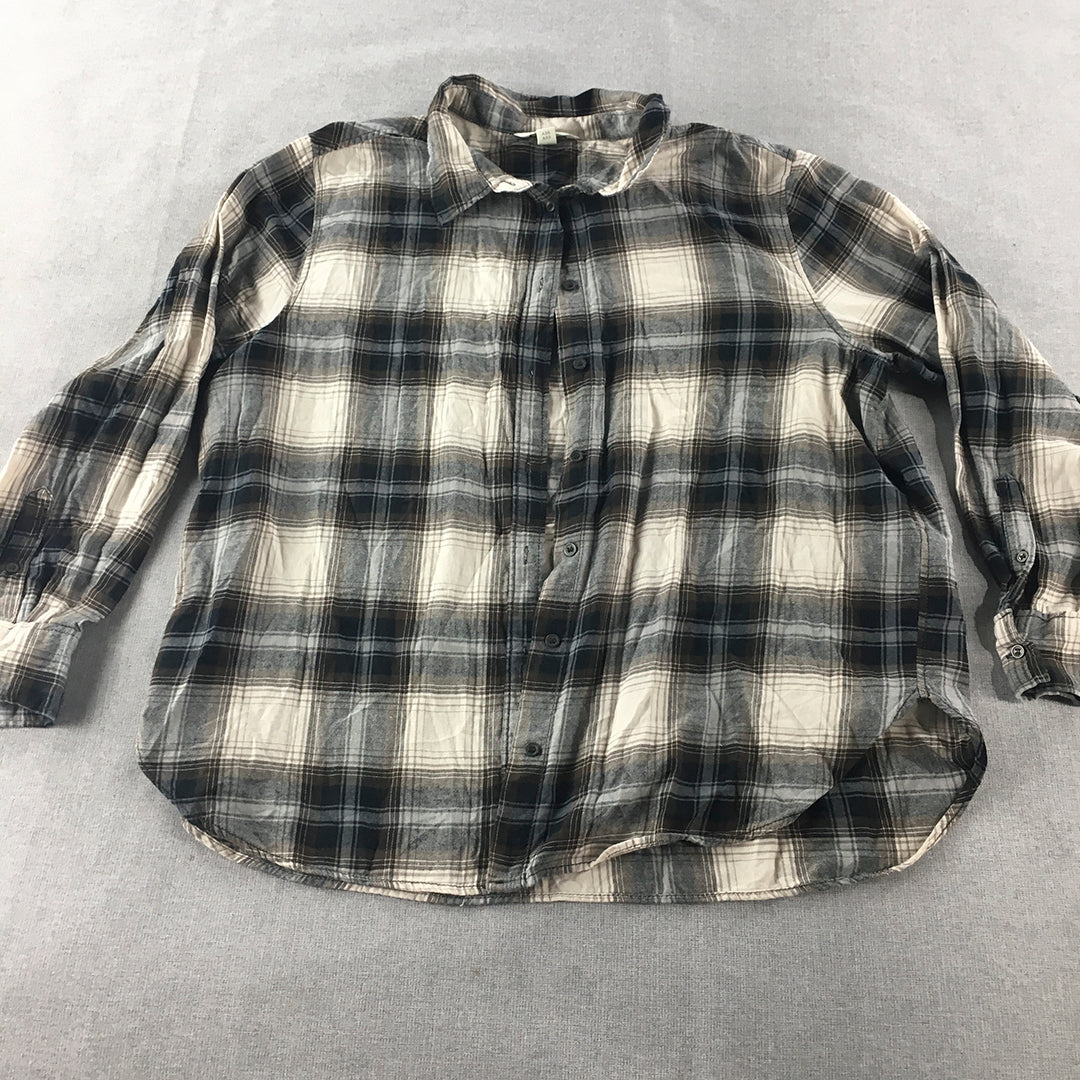 H&M Womens Flannel Shirt Size L Grey Checkered Button-Up Long Sleeve