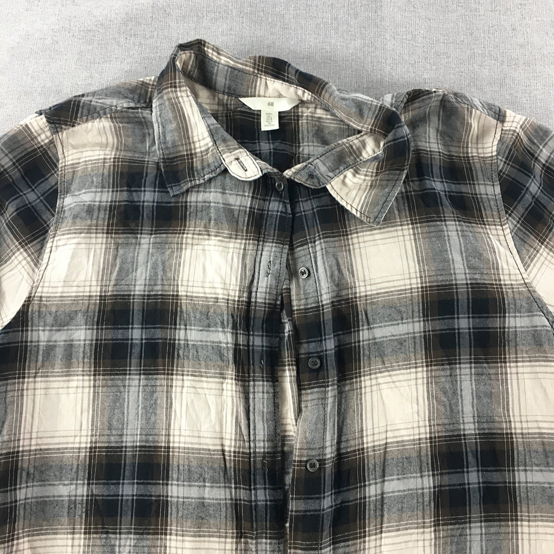 H&M Womens Flannel Shirt Size L Grey Checkered Button-Up Long Sleeve