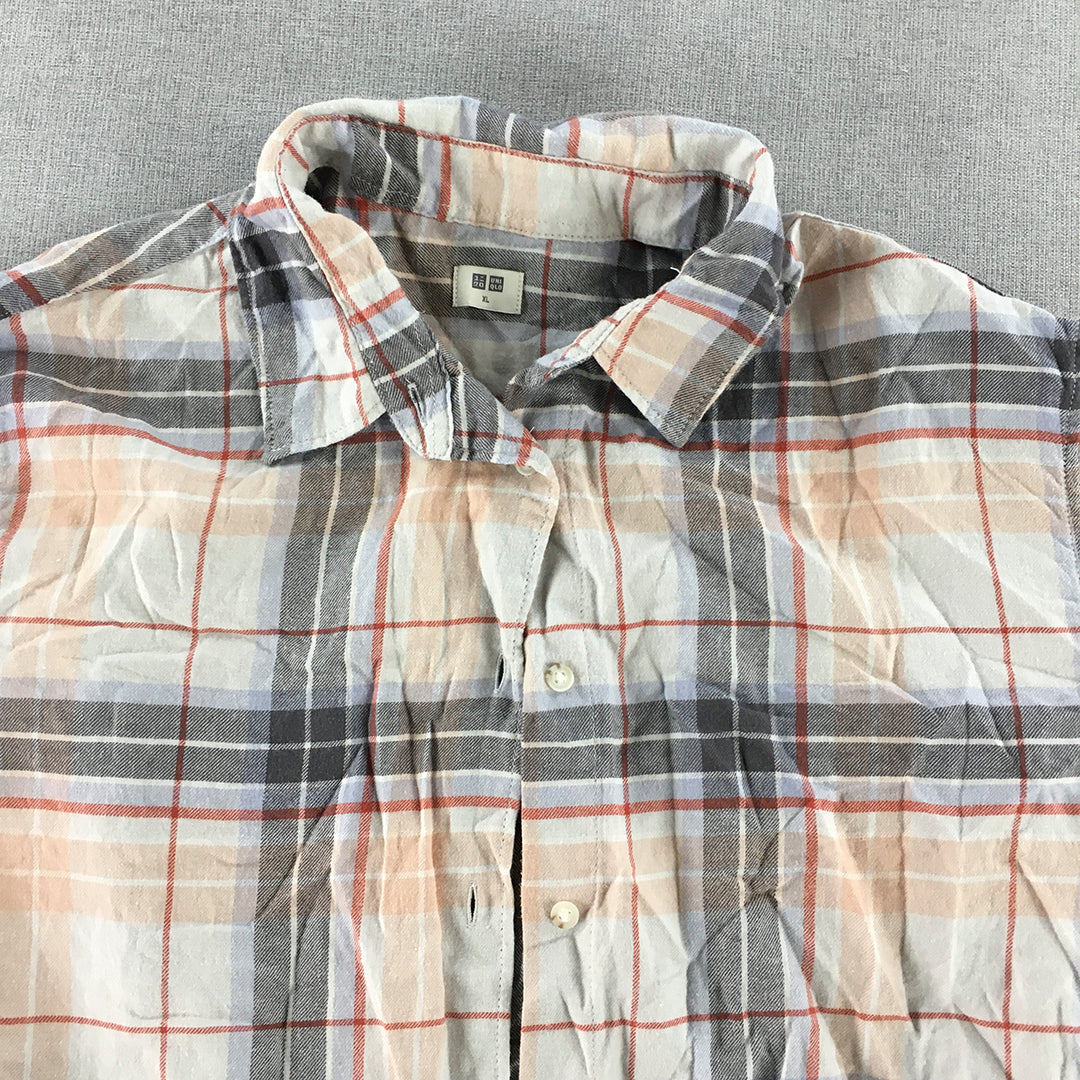 Uniqlo Womens Shirt Size XL Brown Grey White Checkered Button-Up