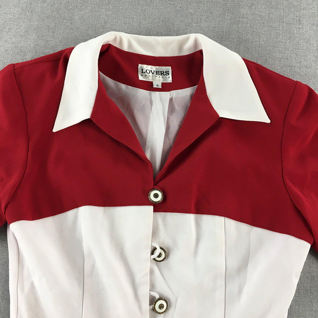 Lovers Australia Womens Top Size 8 Red White Button Up Short Sleeve Fit Flare