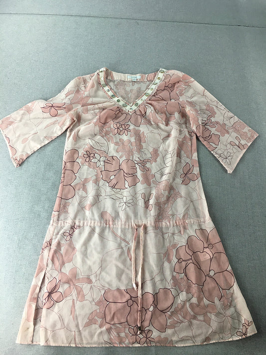 Fornari Womens Mini Dress Size M Pink Floral Short Sleeve V-Neck Drawstring