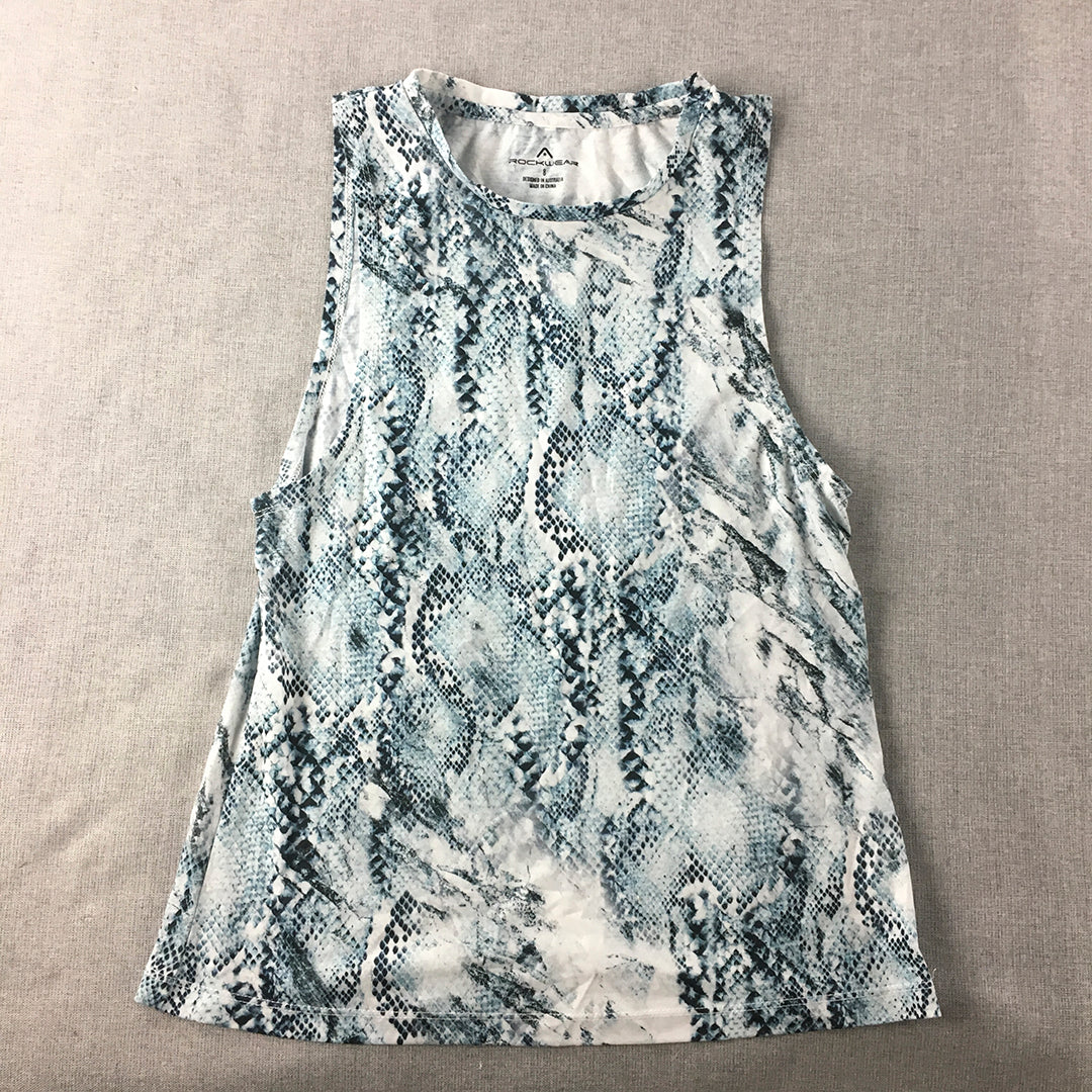 Rockwear Womens Tank Top Size 8 White Blue Snakeskin Pattern Sleeveless Shirt