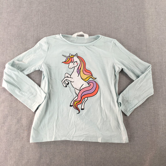 H&M Kids Girls Top Size 6 - 8 Years Blue Long Sleeve Unicorn Pony Shirt