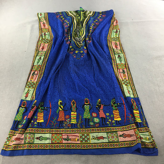 Tribal Womens Dress Free-Size Blue Egyptian hieroglyphs Midi