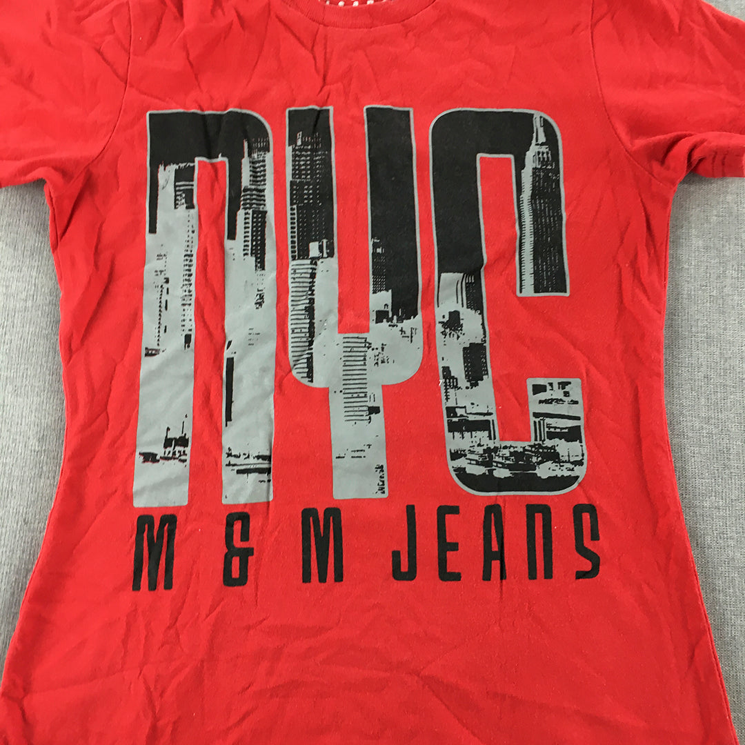 M&M Jeans Womens T-Shirt Size S Red Big NYC USA Logo Short Sleeve Top