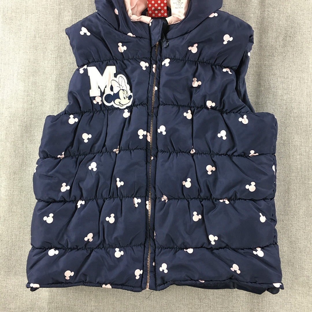 Disney Minnie Mouse Kids Girls Puffer Vest Size 5 Blue Zip-Up Sleeveless Hoodie