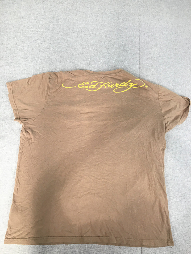 Ed Hardy Mens T-Shirt Size XL Brown V-Neck Embroidered Eagle Short Sleeve Tee