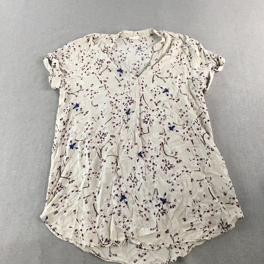 H&M Womens Mini Dress Size 14 Grey Floral Short Sleeve V-Neck