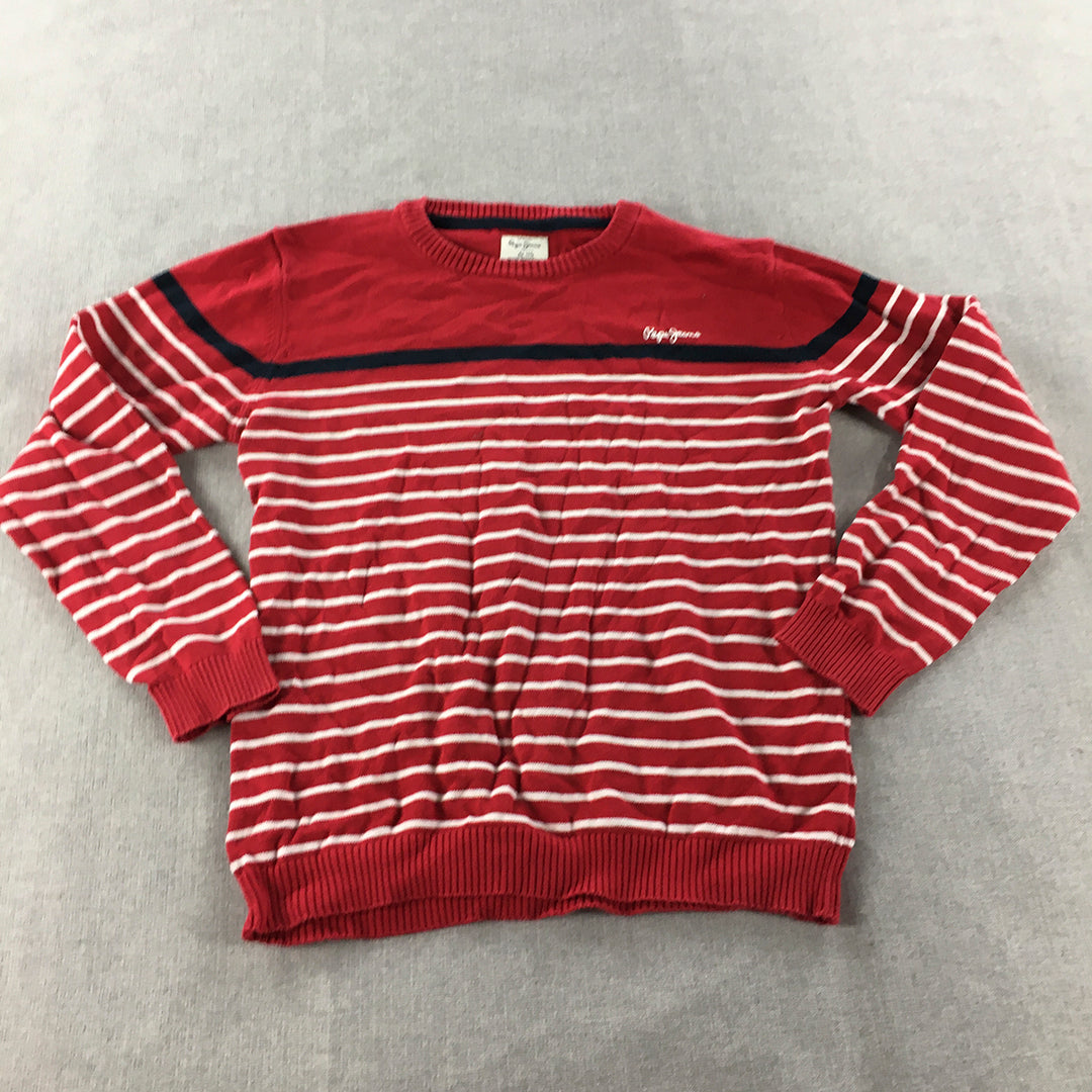 Pepe Jeans Kids Boys Knit Sweater Size 12 Red Striped Crew Neck Logo Jumper