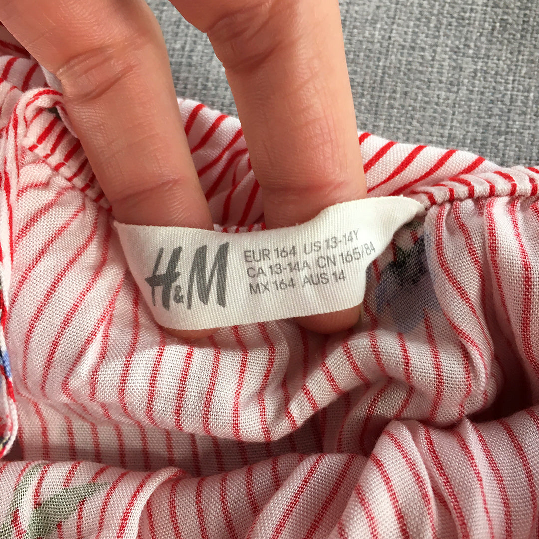 H&M Kids Girls Top Size 14 Red White Striped Long Sleeve