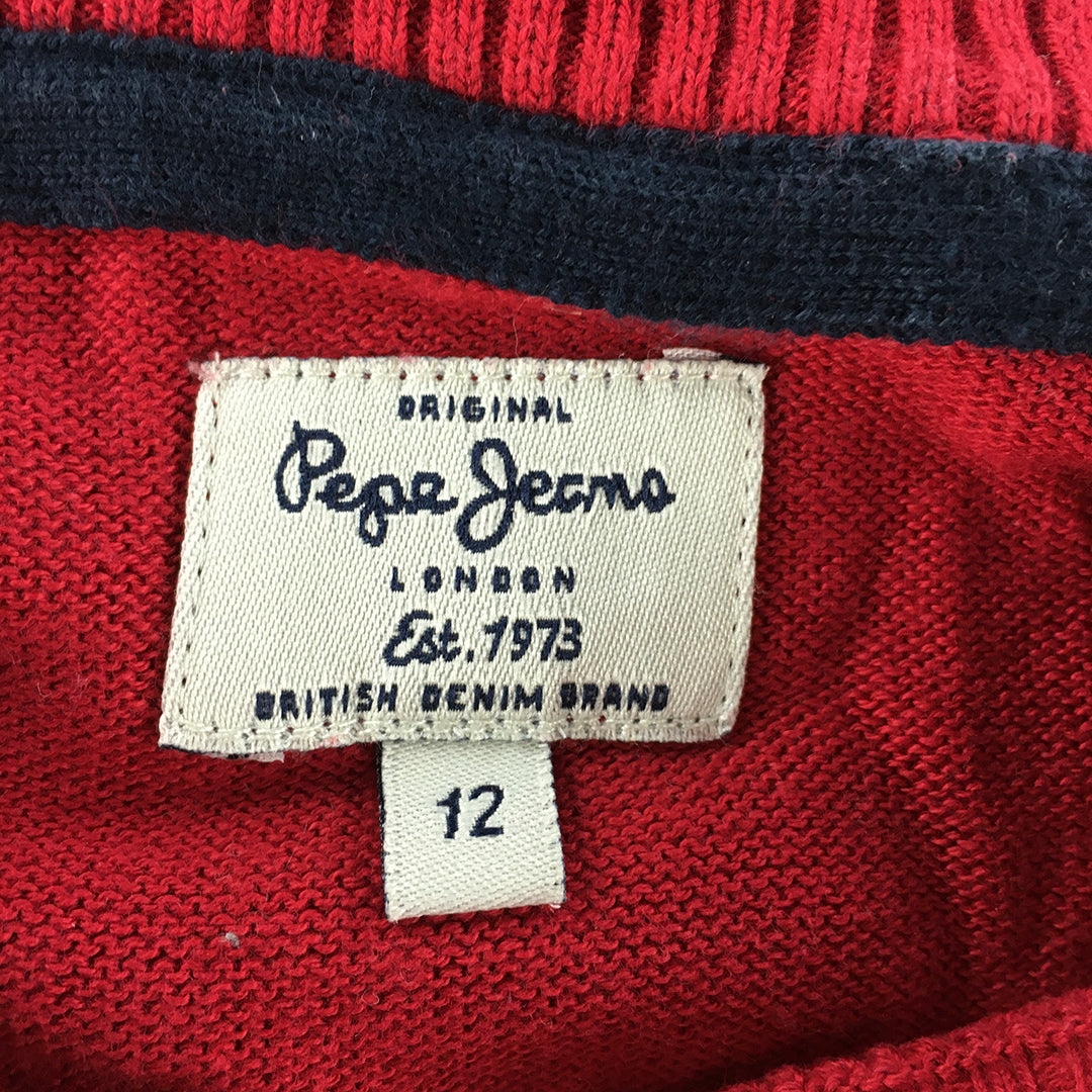 Pepe Jeans Kids Boys Knit Sweater Size 12 Red Striped Crew Neck Logo Jumper