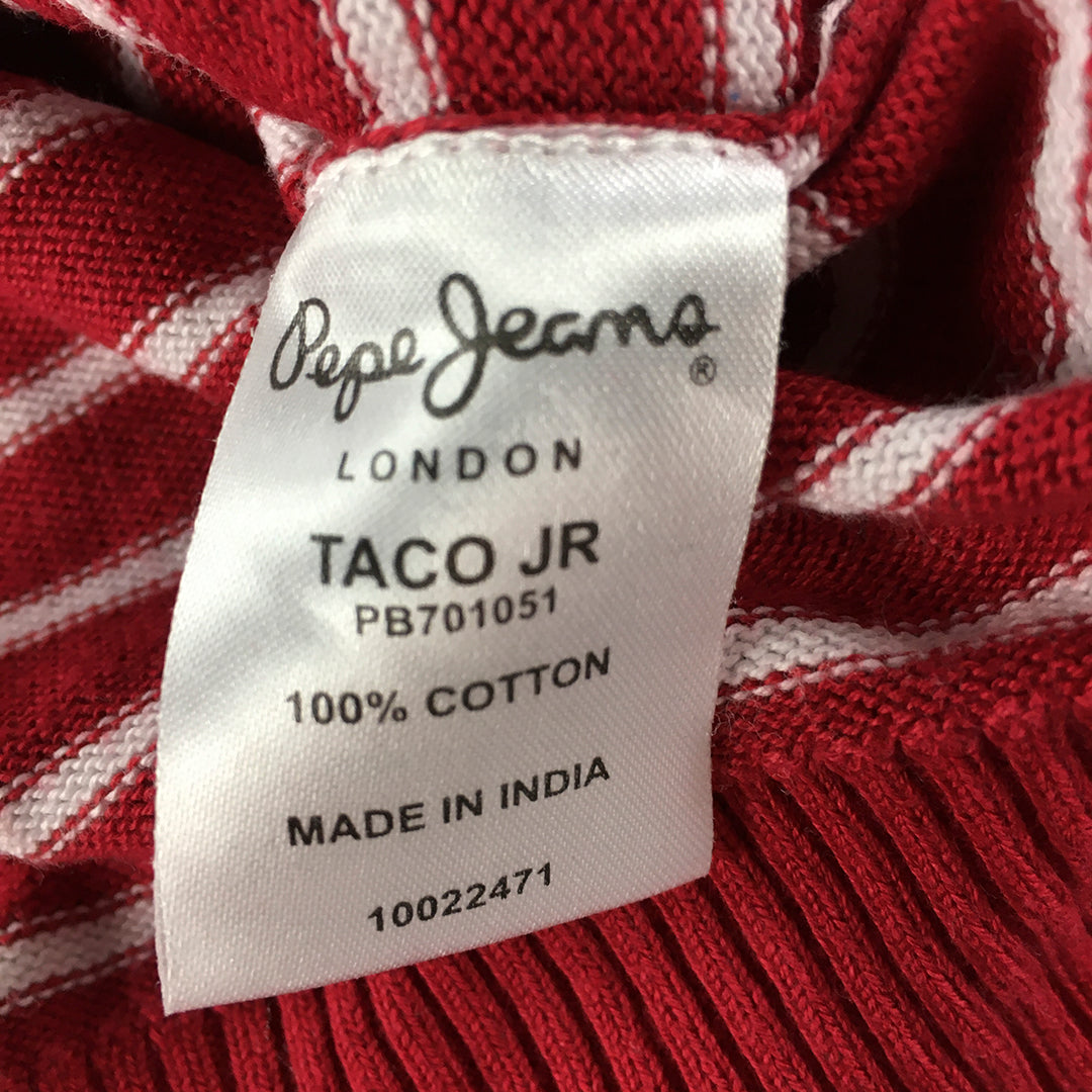 Pepe Jeans Kids Boys Knit Sweater Size 12 Red Striped Crew Neck Logo Jumper