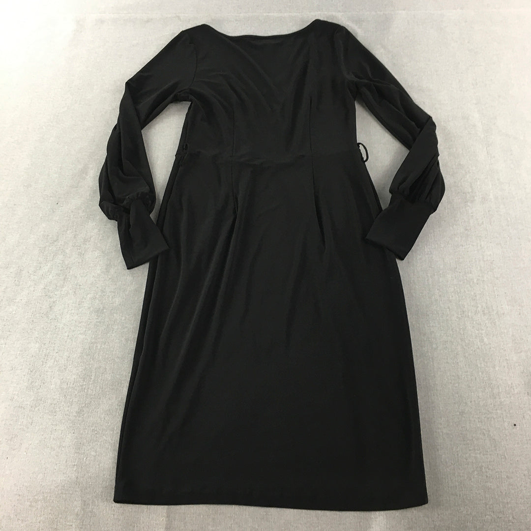 Leona Edmiston Frocks Womens Dress Size 2 Black Stretch Pleated Long Sleeve Midi