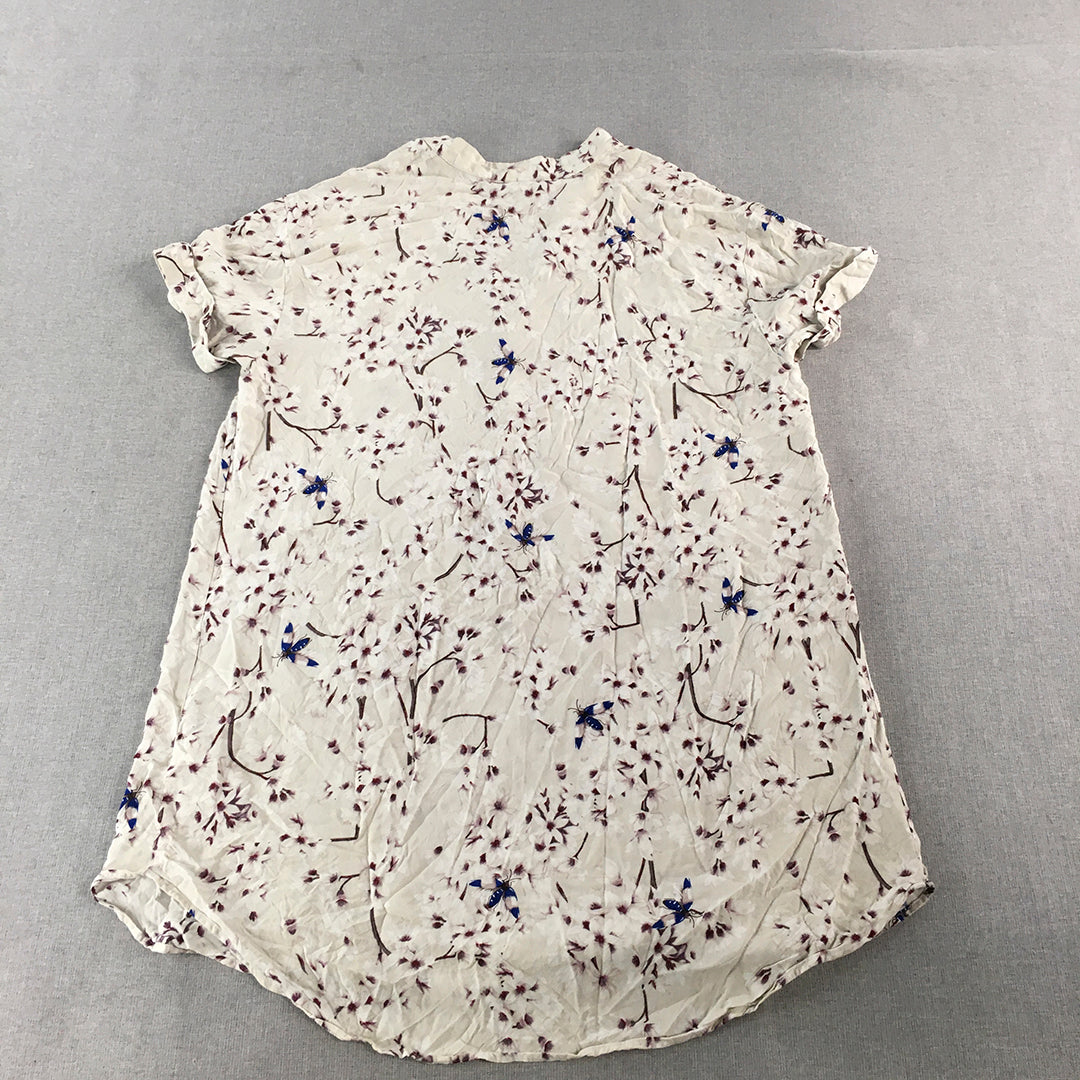 H&M Womens Mini Dress Size 14 Grey Floral Short Sleeve V-Neck