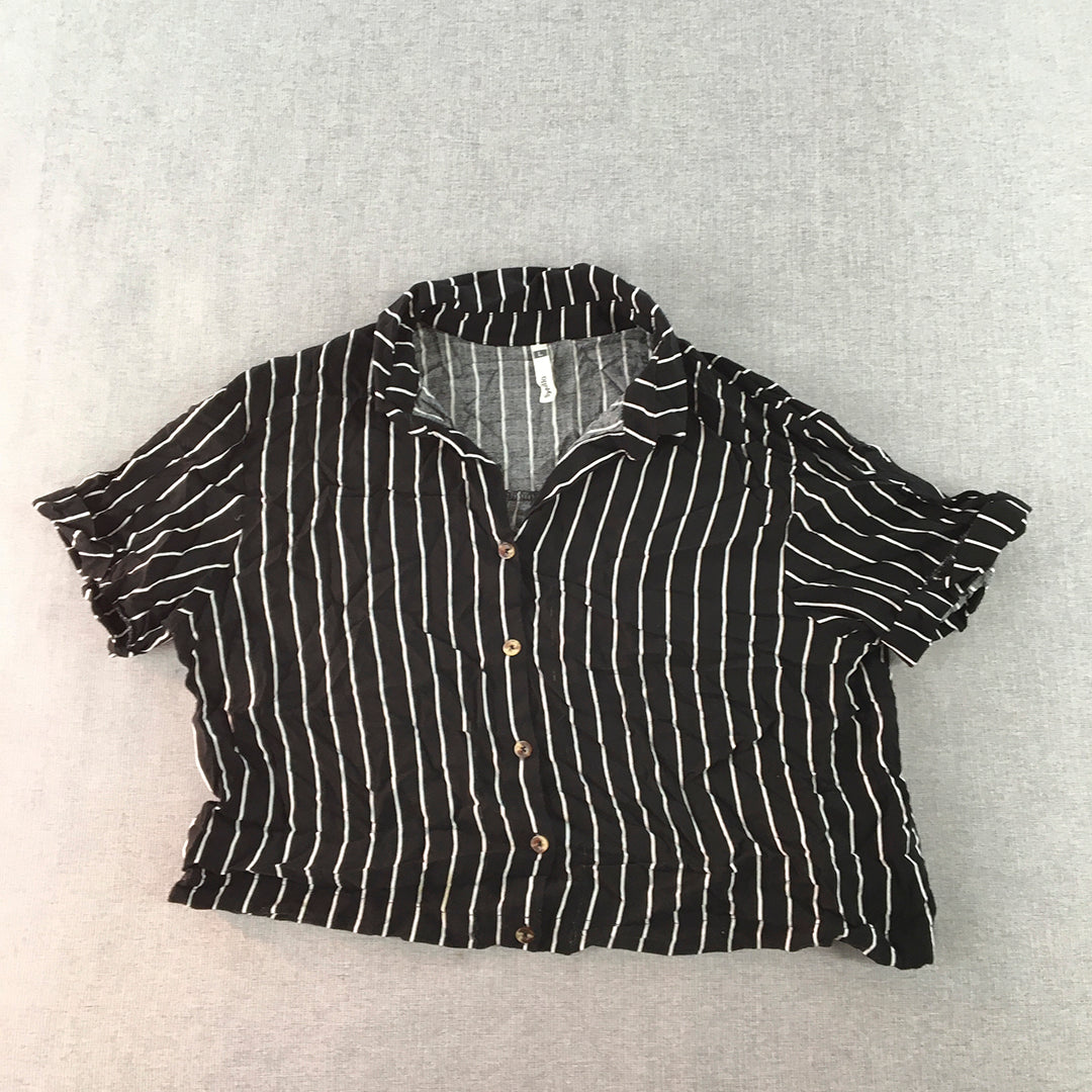 Sybilla Womens Cropped Top Size L Black Striped Button-Up Short Sleeve