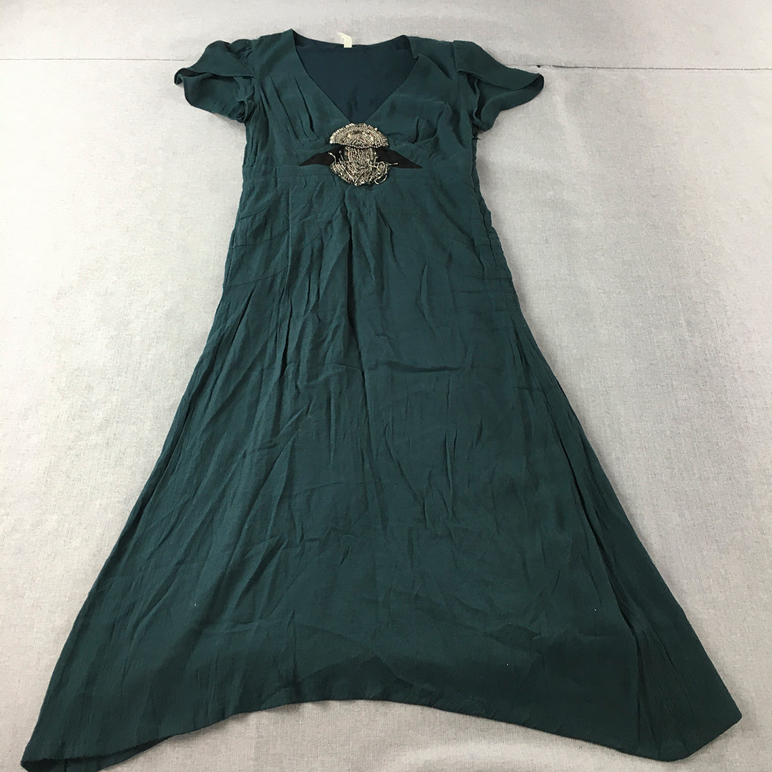 Free People Womens A-Line Dress Size 6 Forest Dark Green Knee Length Embellished