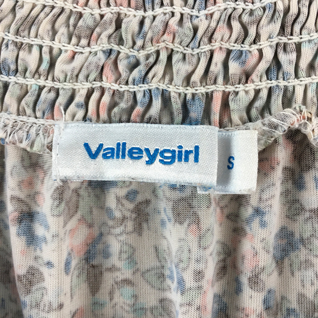 Valleygirl Womens Top Size S Beige Blue Green Floral Short Sleeve Blouse