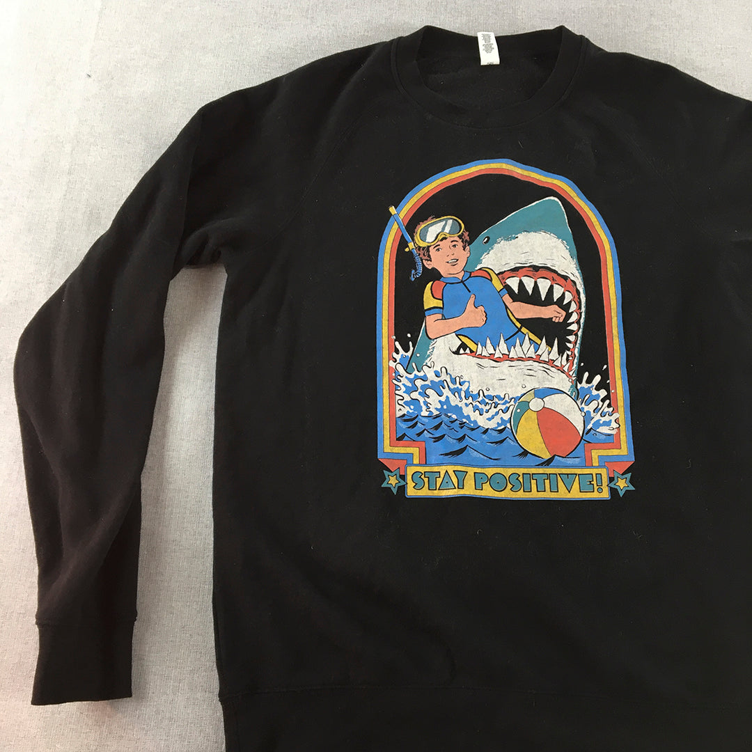 Stay Positive Shark Sweater Adult Size M Black Crew Neck Funny Jumper