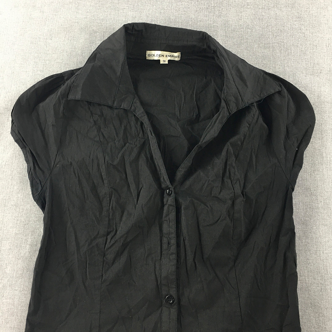 Golden Empire Womens Top Size 14 Black Button-Up Short Sleeve Slim Fit Collared