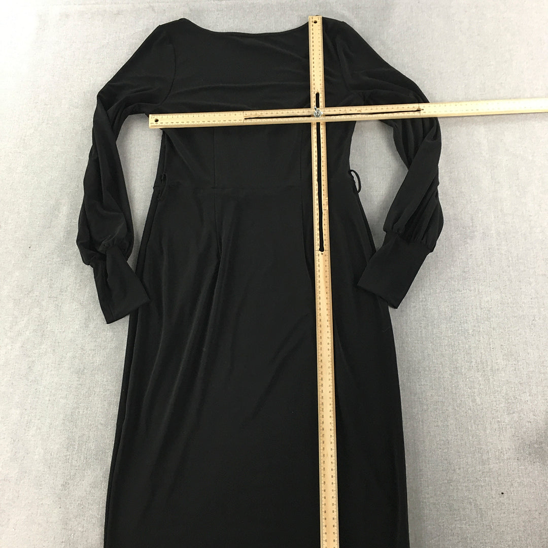 Leona Edmiston Frocks Womens Dress Size 2 Black Stretch Pleated Long Sleeve Midi