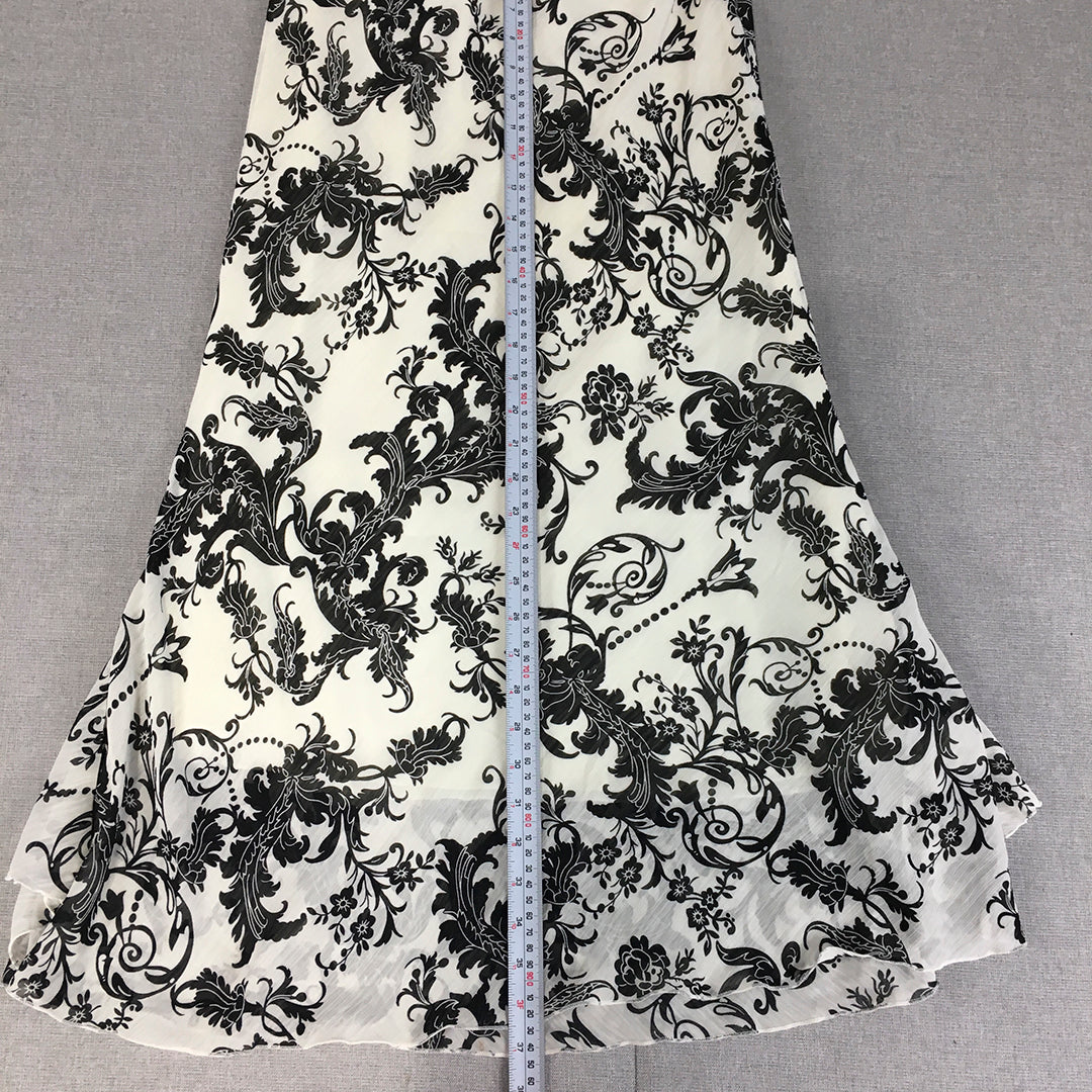 Queenspark Womens Maxi Skirt Size 8 White Black Floral Flared